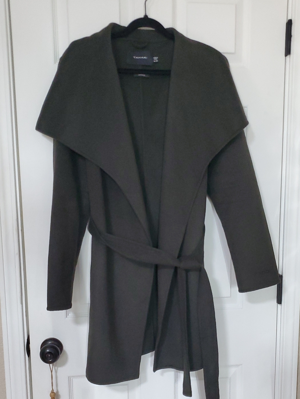 Tahari Olive Green Draped Trench Coat with Self Tie Belt